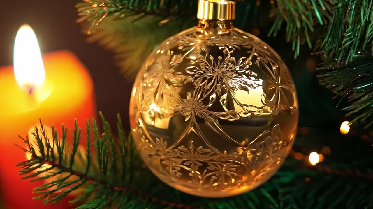 primer plano de un ornamento de navidad de oro en un árbol de navidad con una vela encendida