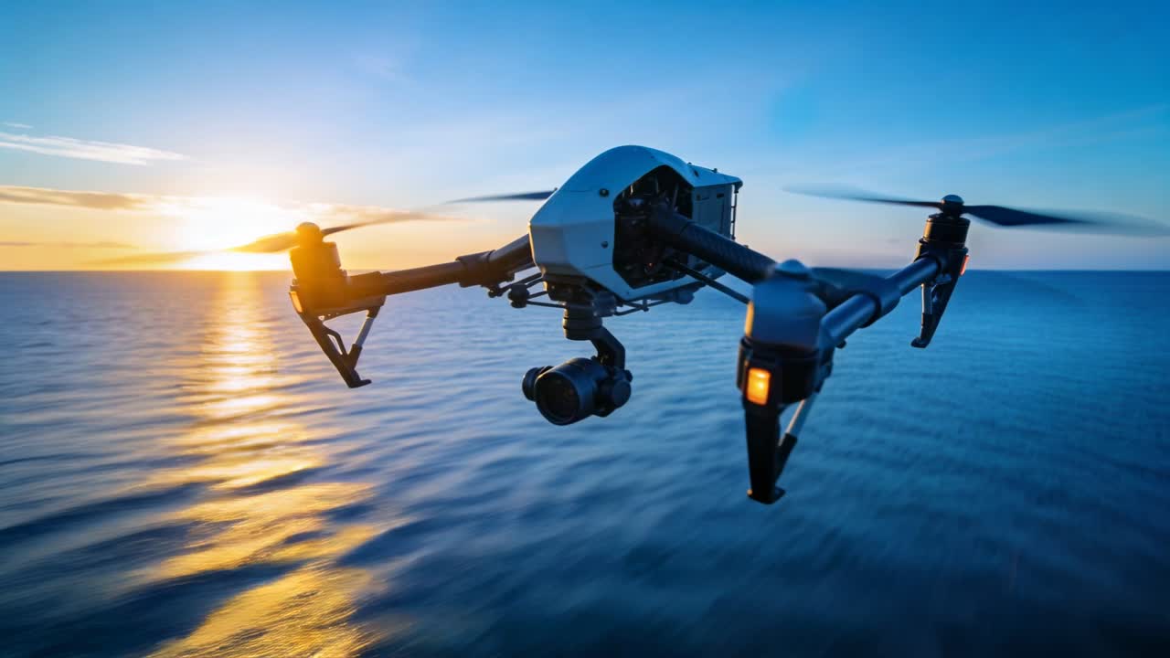 Telecamera che traccia un drone dotato di gimbal, in movimento verso il sole basso sull'oceano, che cattura il riflesso.