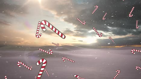 animation of falling candy canes over winter scenery