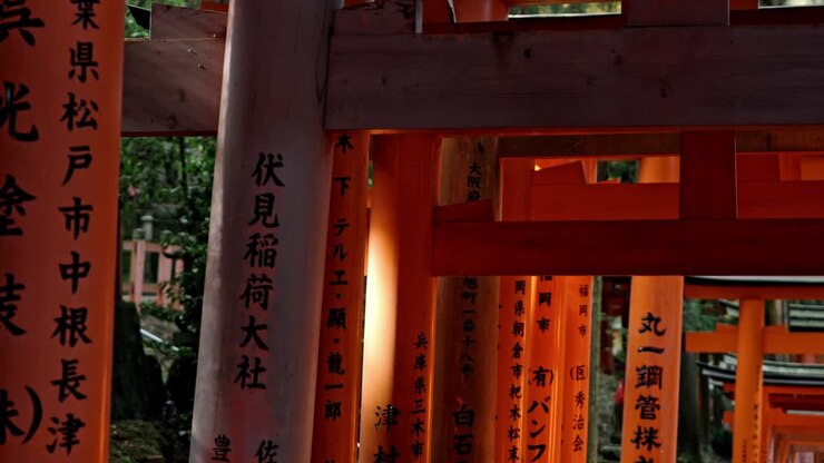 The iconic vermilion torii gates at Fushimi Inari Shrine glow softly in the early light of sunrise.