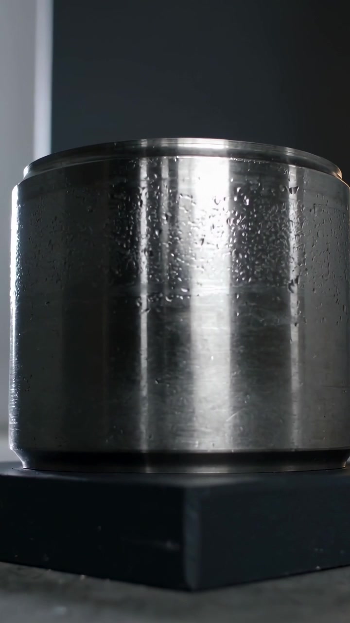 Video verticale: La telecamera che inquadra nuovamente sollevando un cilindro di metallo su un tavolo, mostrando il bordo, la base nera e una sottile fessura luminosa.