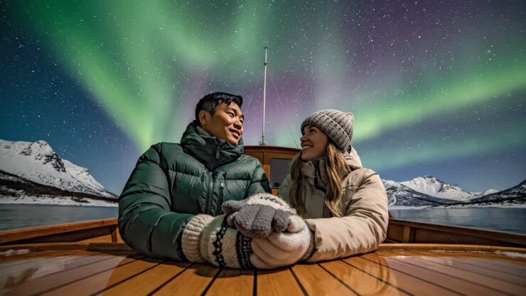 Couple Enjoying the Northern Lights from a Boat