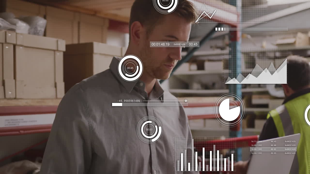 Warehouse coworkers monitoring inventory metrics on laptop at metal racks, overlaying charts graphs