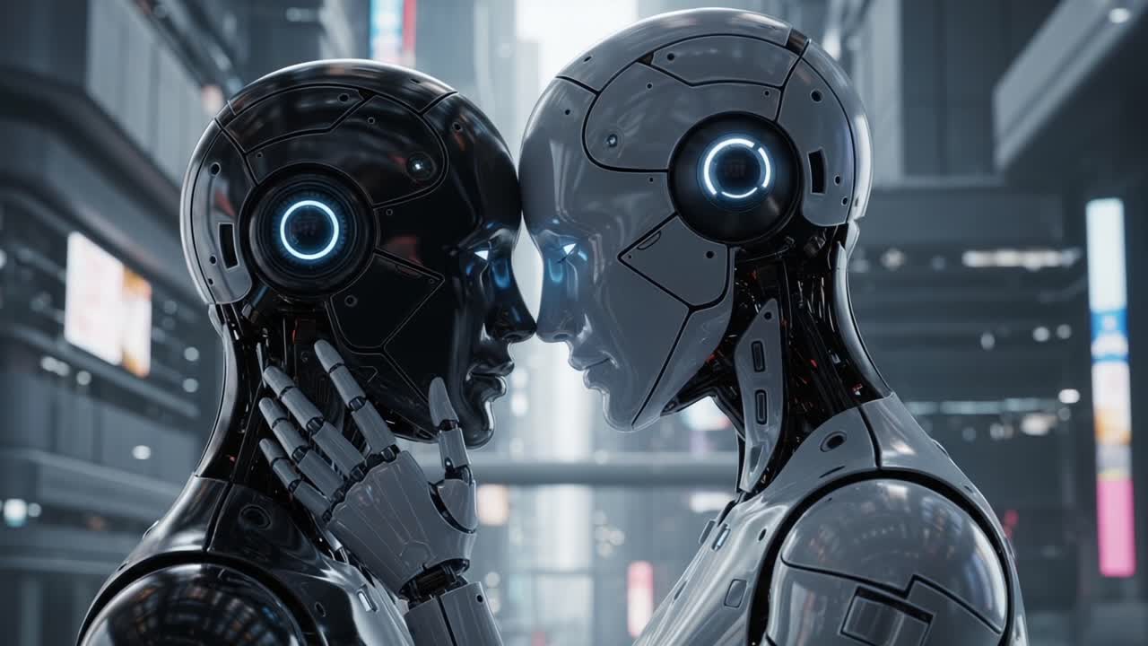 A Captivating Moment Between Two Futuristic Robots, Showcasing Their Intimate Connection in a High-Tech Cityscape Filled with Vibrant Lights and Advanced Technology