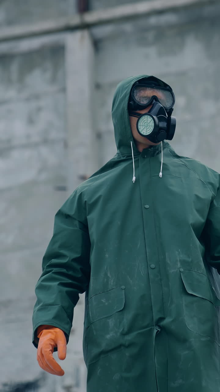 Human in protective costume and mask in infected place. Survivor man in a mask and a chemical protection suit showing on the camera with a finger. Vertical video