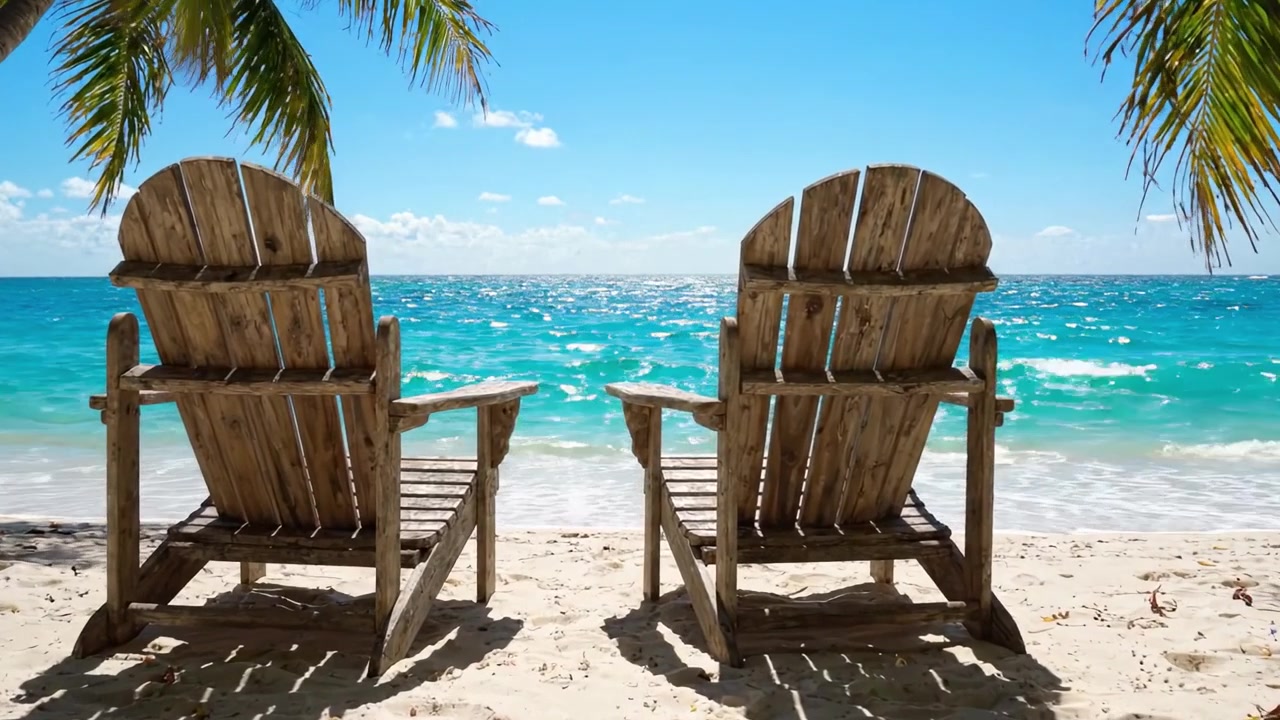 Entspannende Strandszene mit zwei Holzstühlen, die auf einen kristallklaren Ozean und sonnigen Himmel blicken: Ein perfekter Rückzugsort für Gelassenheit und Frieden.