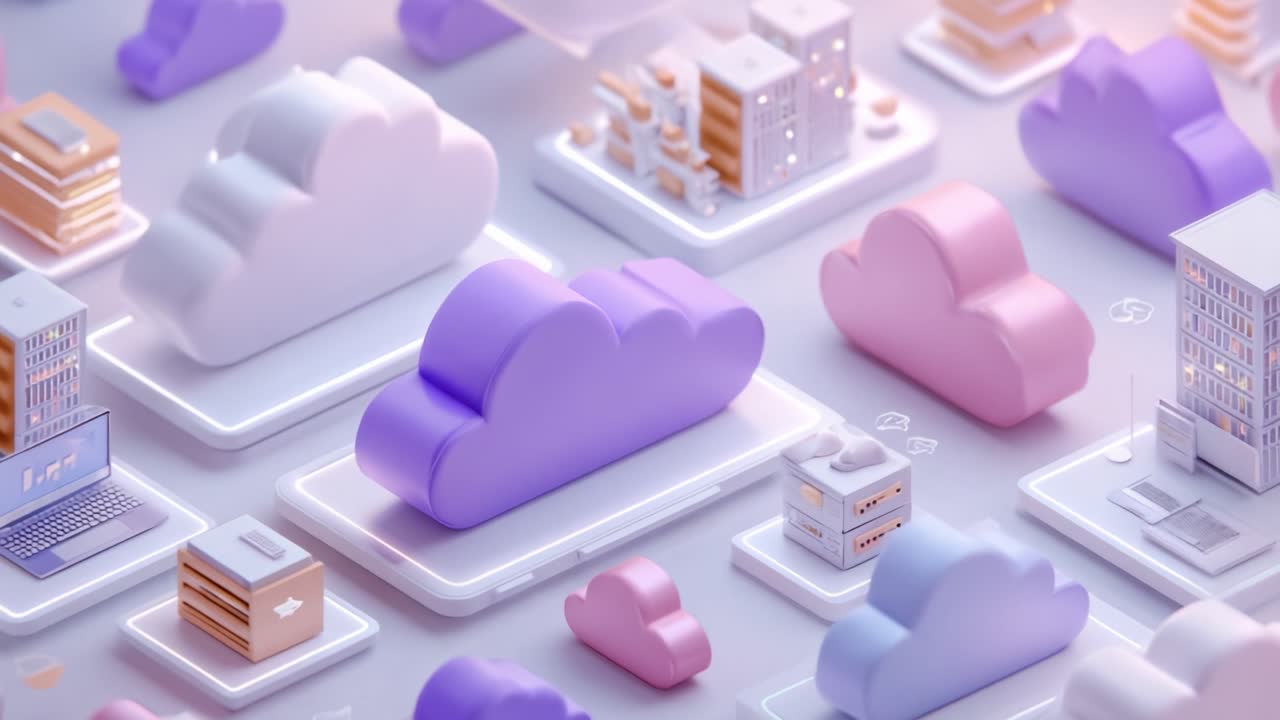 Un vivace paesaggio nuvoloso: Esplorando il regno digitale con strutture nuvolose stilizzate e modelli urbani catturati in un'estetica moderna e colorata.