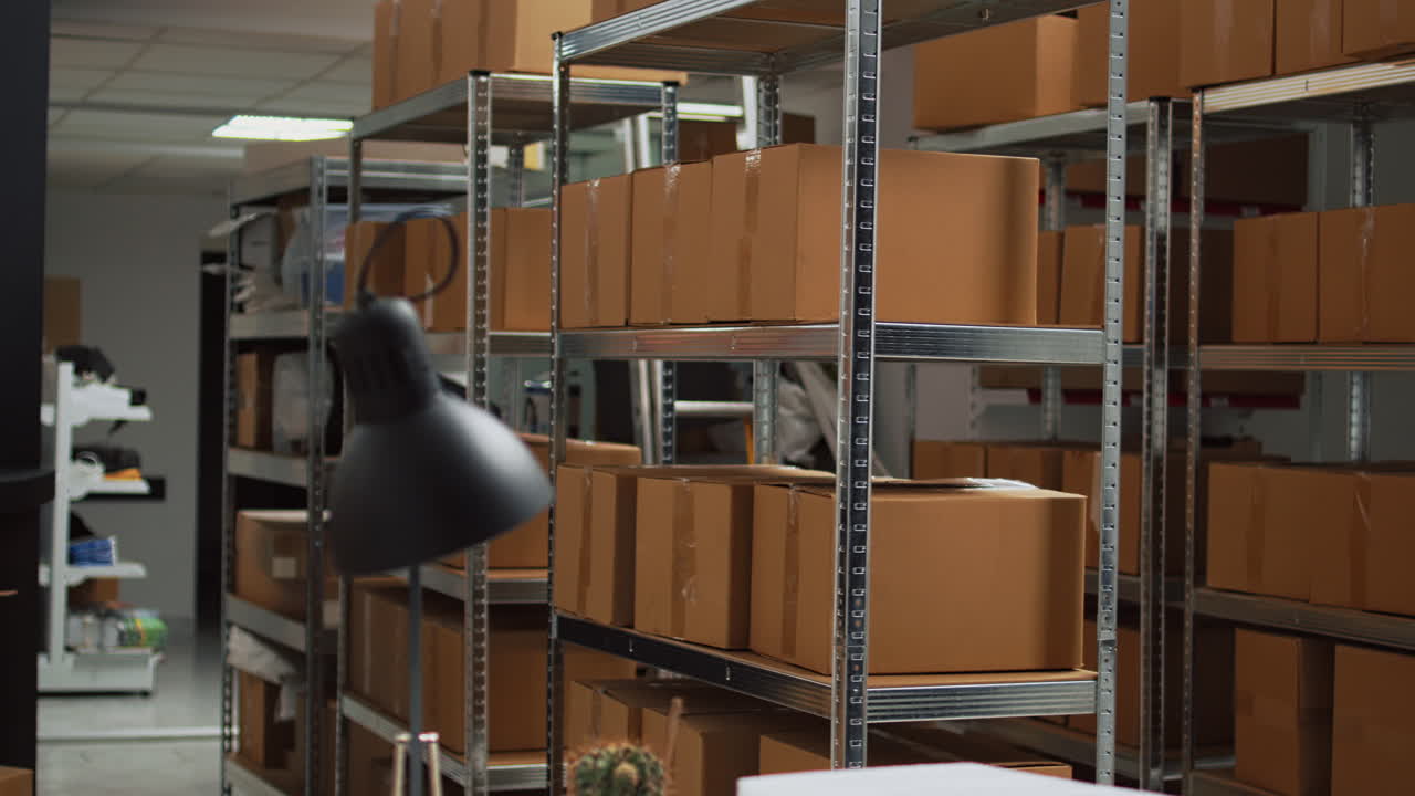 Warehouse with Cardboard Boxes on Shelves