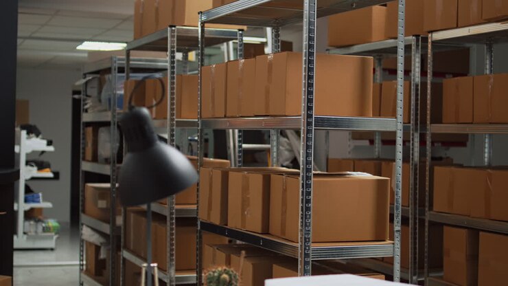 Warehouse with Cardboard Boxes on Shelves
