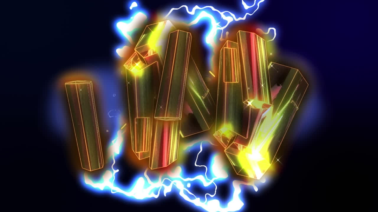 검은 바탕에 빛나는 파란색 전기 전류 위에 떠다니는 금색 금속 막대기의 애니메이션