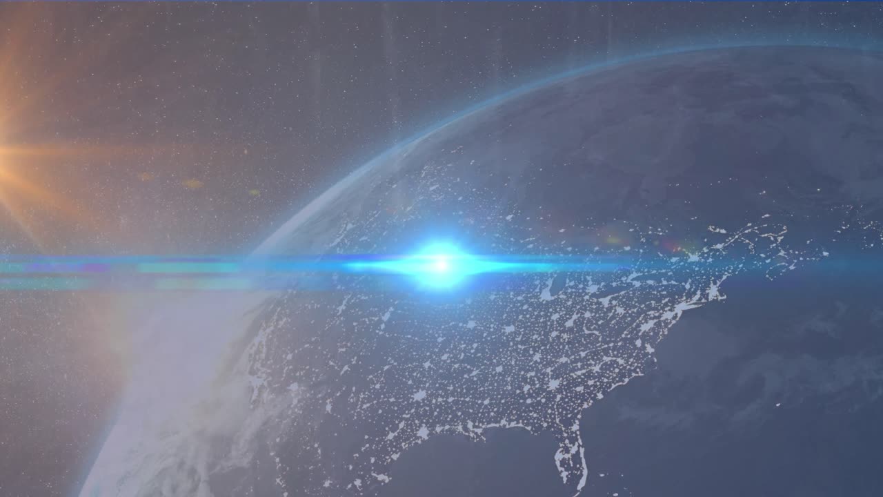 파란색 배경에 대한 지구상의 파란색 빛 점의 애니메이션