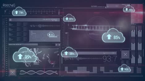 Animation-Von-Wolkensymbolen-Und-Datenverarbeitung-Auf-Dunklem-Hintergrund