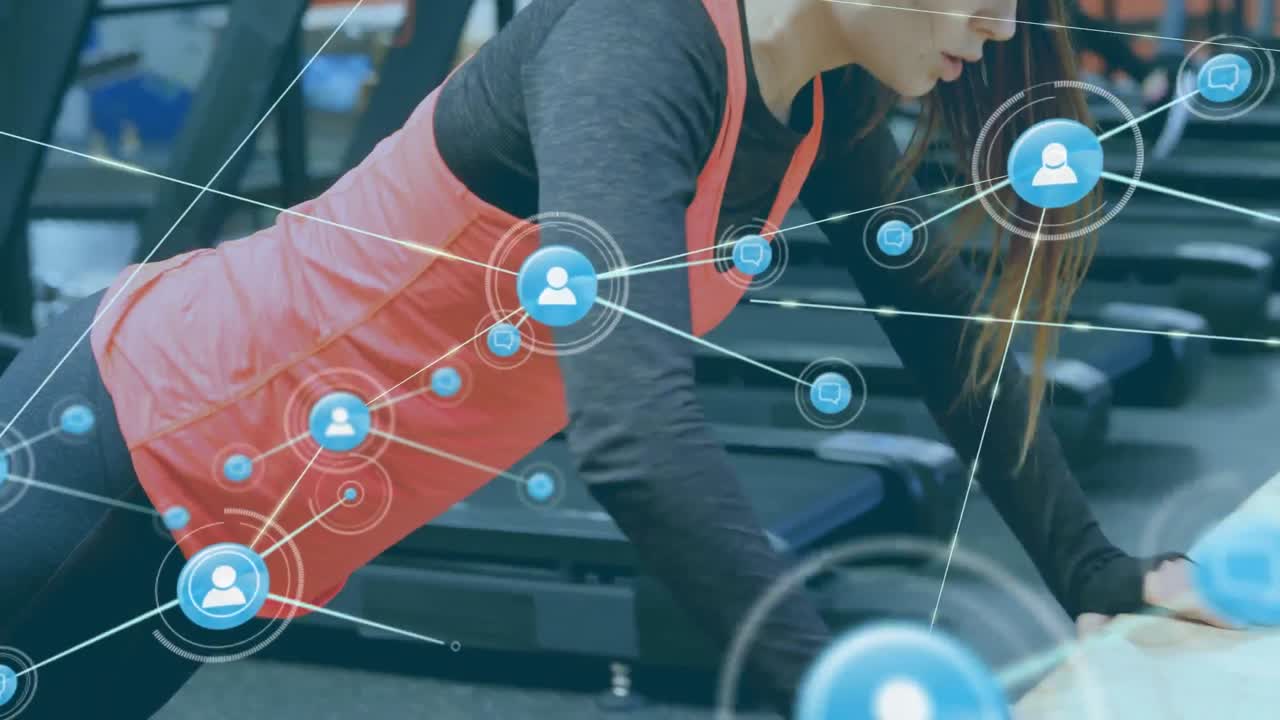 벤치에서 푸시업을 하는 젊은 백인 여성 위의 선으로 연결된 프로필 아이콘의 애니메이션