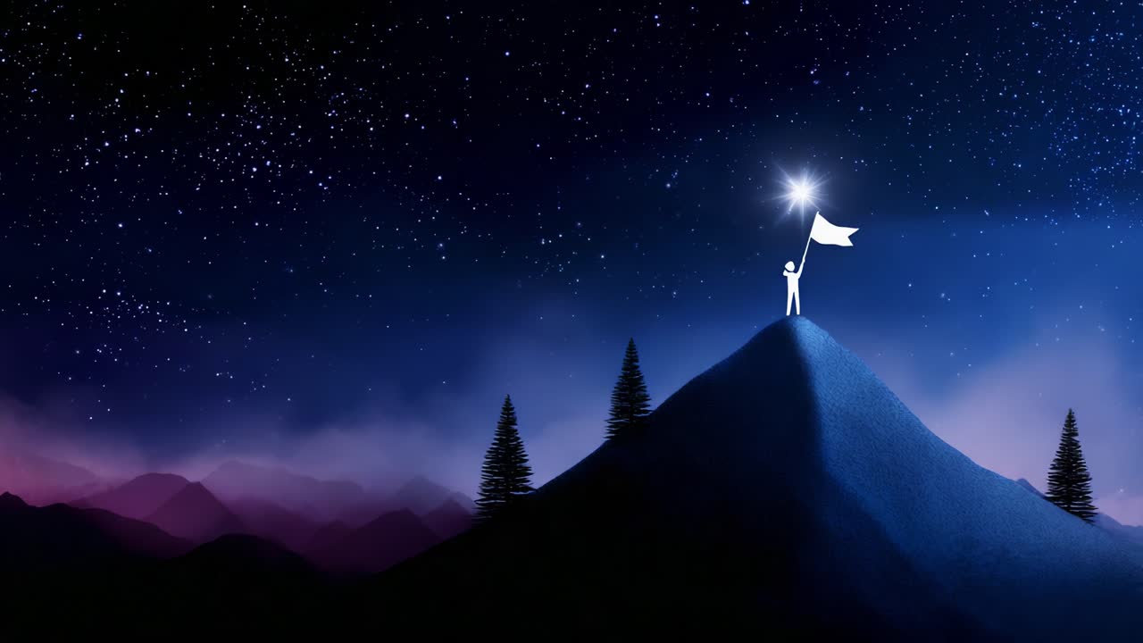 A lone figure stands triumphantly atop a mountain peak beneath a star-filled sky, holding a flag with determination and pride, symbolizing achievement and dreams in a serene and captivating landscape