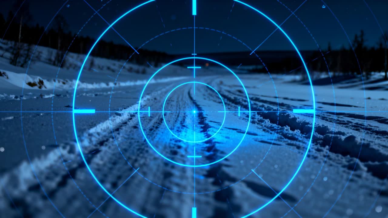 HUD che rileva un solco del pneumatico e avvia una scansione tecnica su strada innevata, pulsando e poi stabilizzandosi sulla traiettoria.
