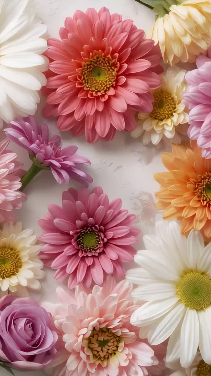 Video vertical: Cámara comenzando a filmar flores planas sobre una mesa para exhibición, mostrando una gerbera rosa.