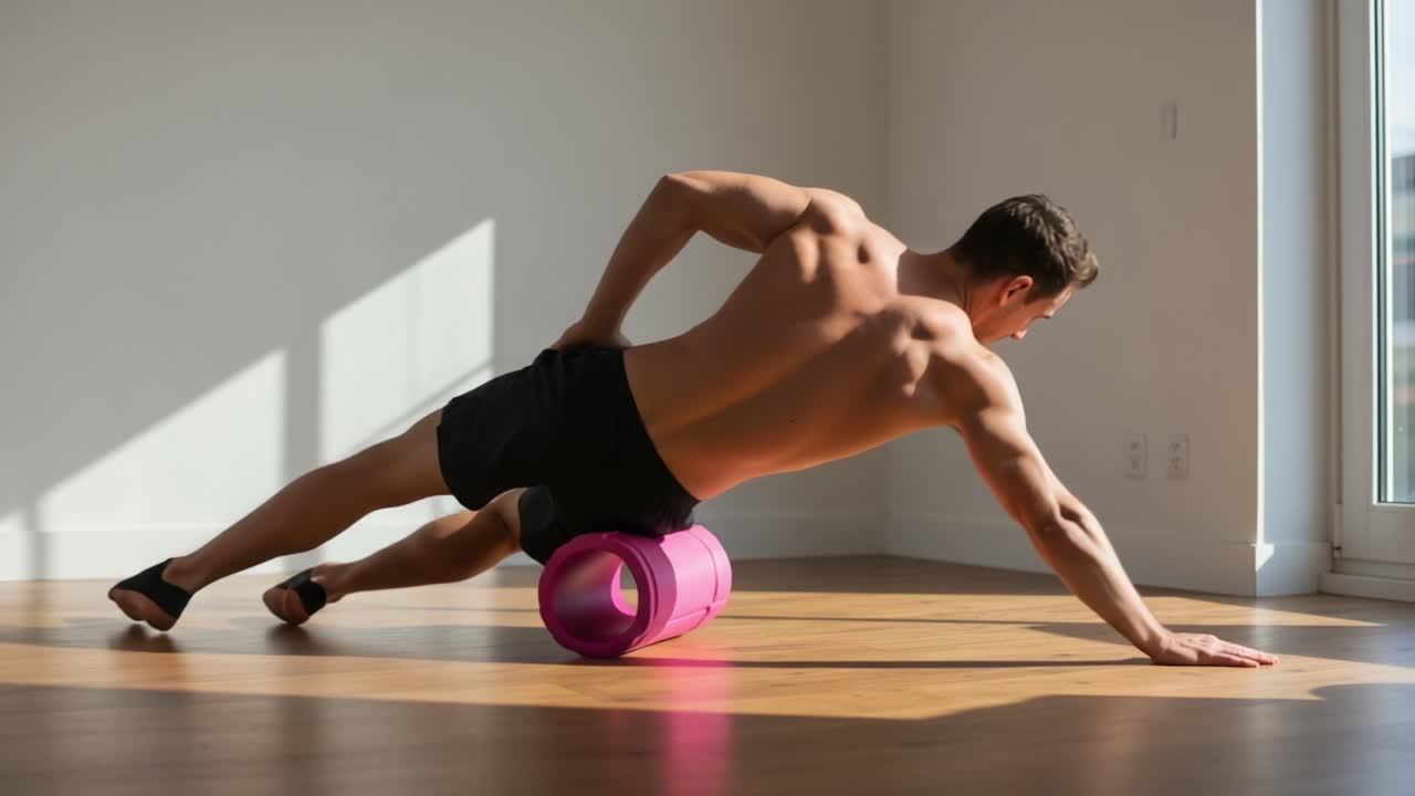 Dynamic Foam Rolling Exercise: A Male Athlete Engages in Core Strength and Flexibility Training on a Yoga Mat in a Bright Domestic Setting