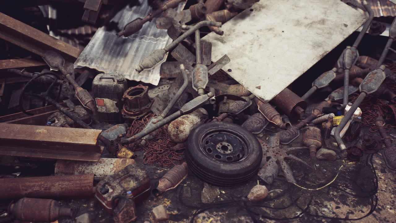 Rusty scrap metal and discarded auto parts litter an abandoned junkyard