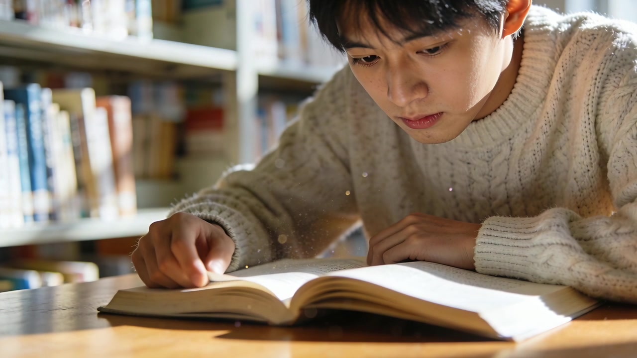 스웨터를 입은 학생이 도서관 테이블에서 몸을 숙여 펼쳐진 책의 글자를 손가락으로 짚어가며 읽고 있다.