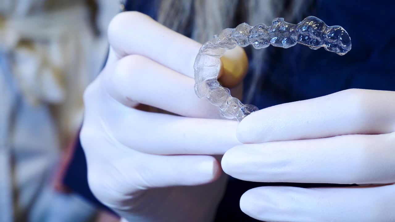 인비사이너 (invisalign aligner) 를 들고 있는 치과 의사의 손 클로즈업