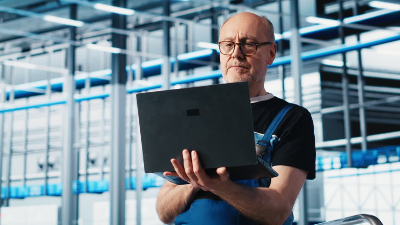 un ingeniero anciano usa una computadora portátil en una fábrica inteligente para probar sistemas automatizados