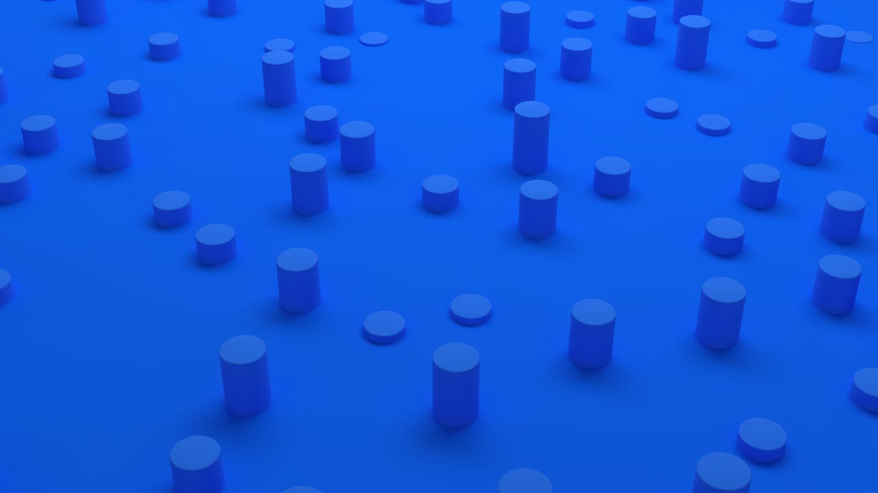Abstract composition with blue tubes cylinders on blue background. 3D animation. 4K UHD