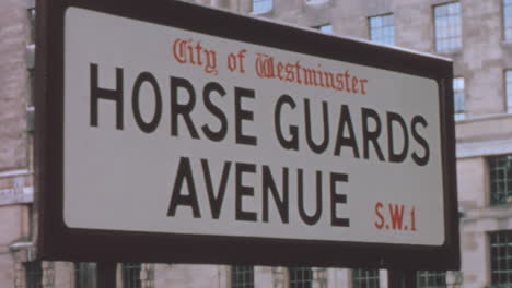 Horse-Guards-Avenue-old-street-name-sign,-historical-footage-of-London-in-the-60’s