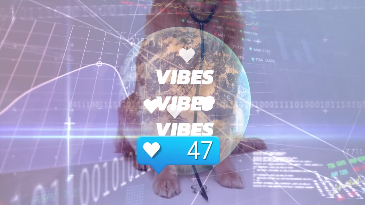 animación de iconos que caen sobre el globo y el perro sobre un fondo blanco