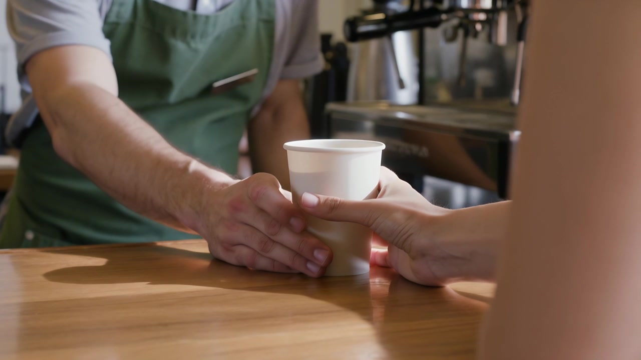 Placing barista green apron holding paper cup on coffee counter, customer reaching to collect order