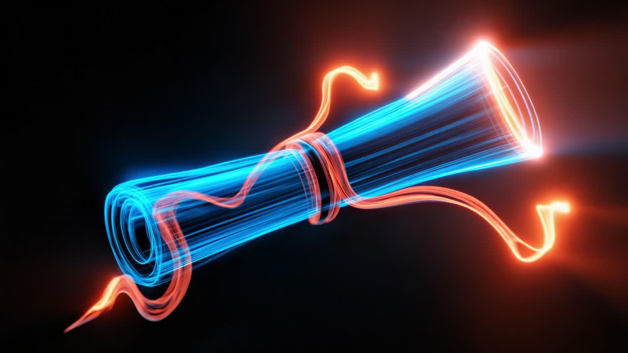 A mesmerizing luminescent scroll with swirling blue and orange light trails, showcasing the beauty of abstract design in a vibrant and dynamic manner