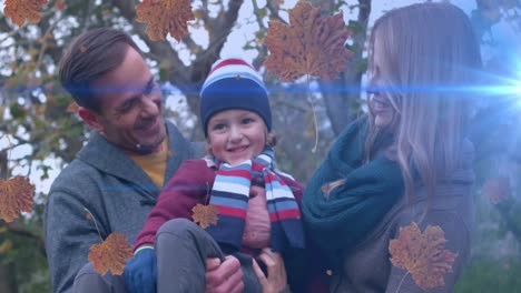 animación de rastros de luz y hojas que caen sobre la familia caucásica