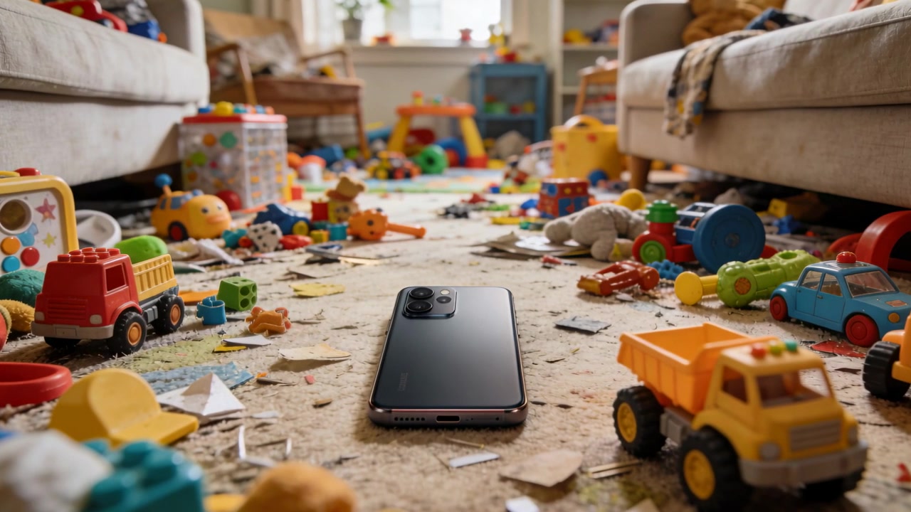 Oturma odası halısında, kanepeler arasında oyuncaklarla birlikte duran koyu renkli bir akıllı telefonu alçak açılı kamera kaydıyla çekme.