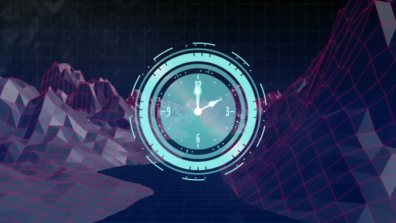 Animation of clock with turning hands, over dark shiny landscape