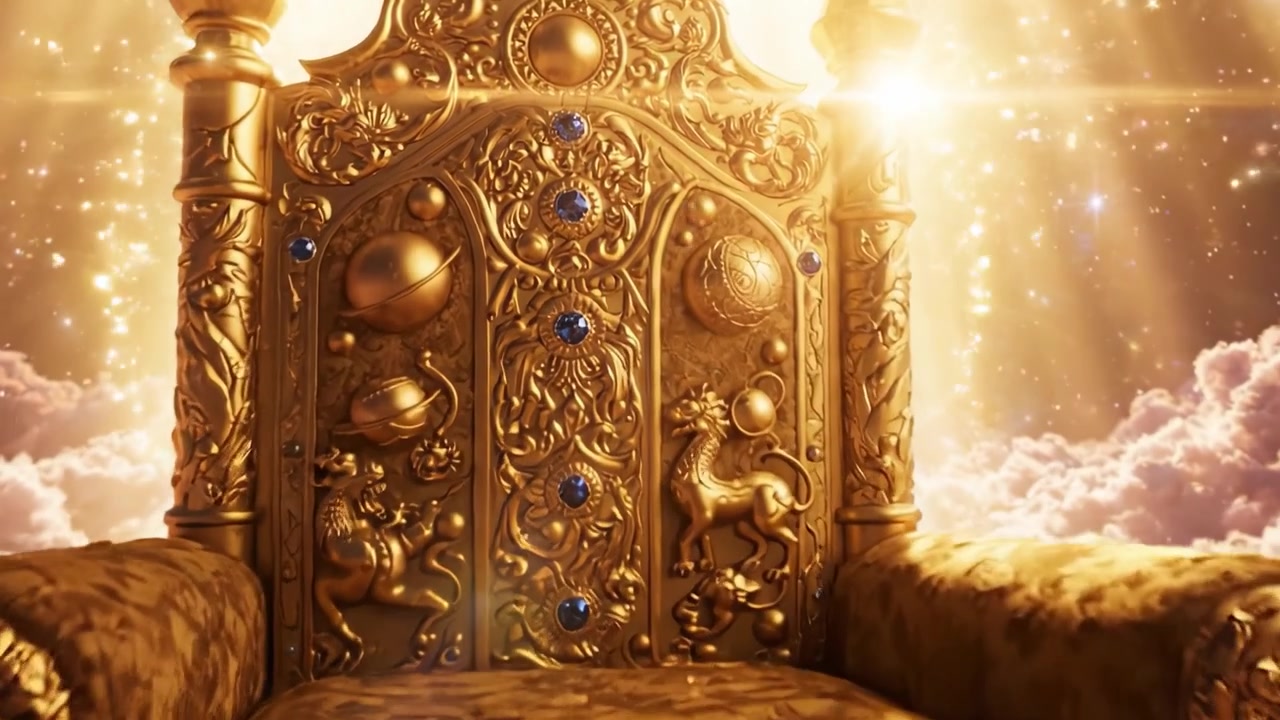 A Majestic Golden Throne Surrounded by Glorious Light and Clouds, Symbolizing Power, Majesty, and Divine Authority in a Dreamlike Realm