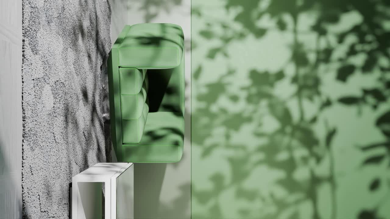 Modern sofa next to marble side table against a red textured concrete and peach wall with shadow of tree branches. Studio interior photography. Interior design concept. Design for poster. vertical