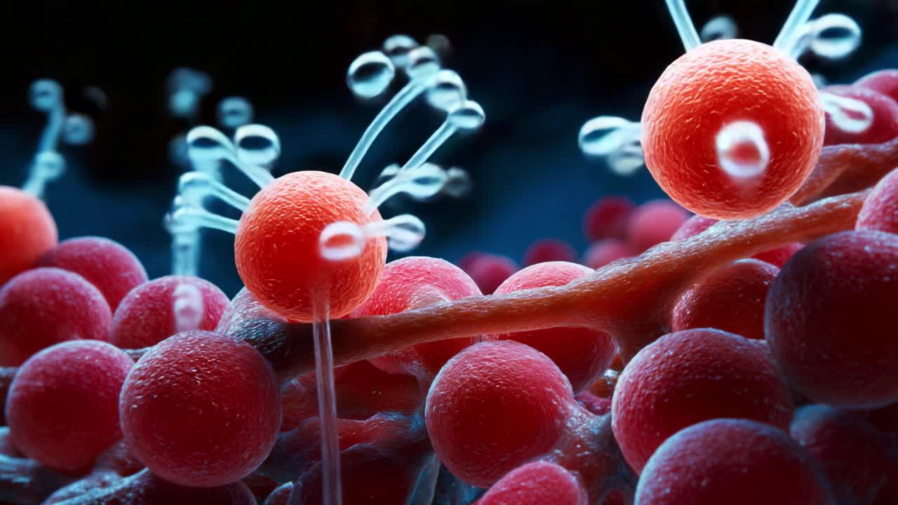 Intricate Microscopic View of Vibrant Red Bacteria: Exploring Cellular Structures and Interactions Under High-Resolution Imaging in a Captivating Biological Environment