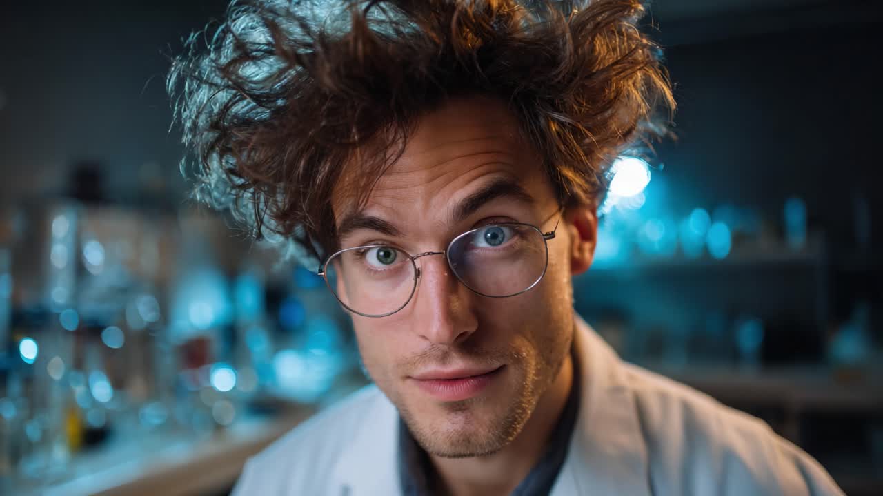 Scientist with Wild Hair and Glasses Displays Surprise in a Laboratory Setting Surrounded by Scientific Equipment and Glassware in Two Frames Capturing Emotion