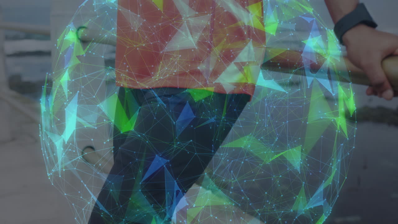 animación de una red esférica brillante que gira sobre un atleta masculino con la cuchilla en marcha descansando