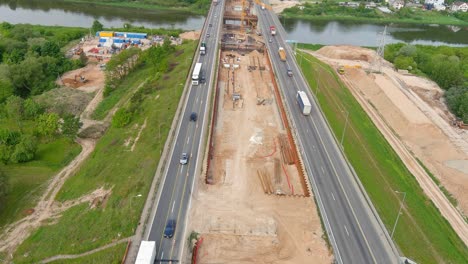 construction site of middle bridge of a1 in kaunas city, fly over view