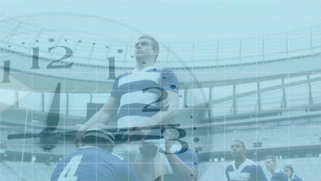 animation of clock ticking with white arrows going right over two multi-ethnic rugby teams