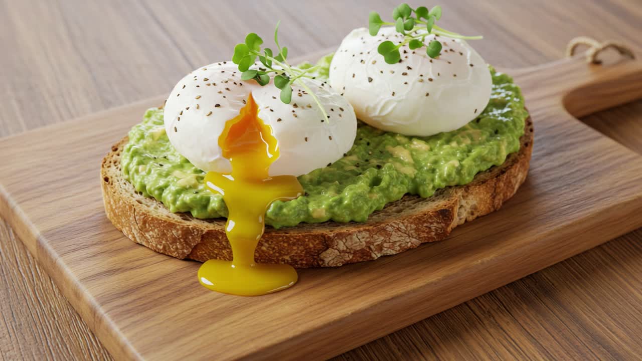 Deliciously Crafted Poached Eggs on a Creamy Avocado Toast, Drizzled with Golden Yolk, Showcasing Culinary Skill and Gourmet Presentation