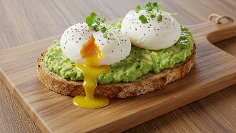 deliciously crafted poached eggs on a creamy avocado toast, drizzled with golden yolk, showcasing culinary skill and gourmet presentation