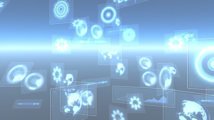 Animation of scopes scanning, world map, data processing on screens over globe with glowing horizon