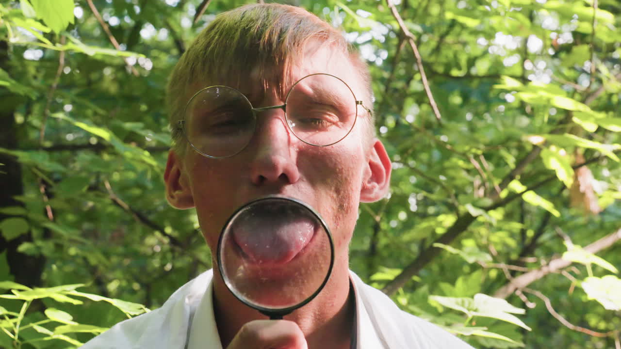 Portrait view of botany student in white coat holding microscope while bringing out tongue, showing playful scientific expression in outdoor setting with natural light and blurred forest background