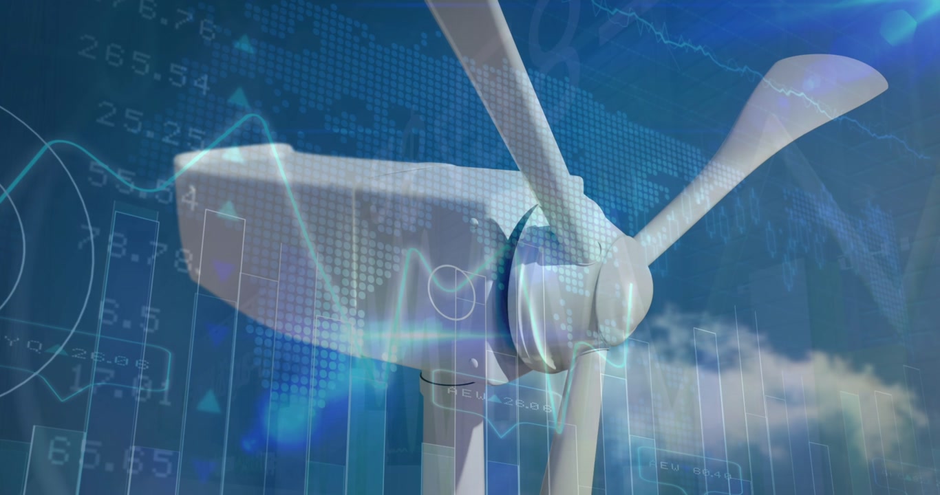 Animatie van de verwerking van financiële gegevens boven een windturbine