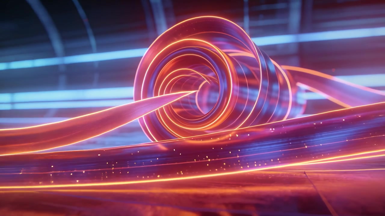 Sliding neon metallic ribbon through spiral coil in arched tunnel, motor pulling as sparks trailing