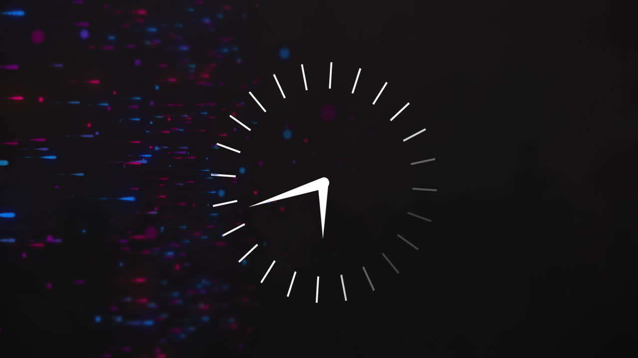 Animation of clock ticking and glowing light trails moving over black background