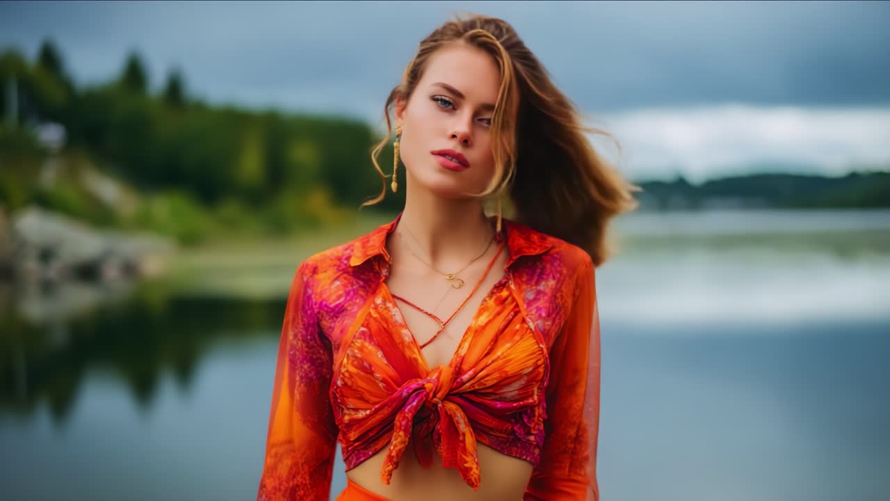 Stunning Model Poses Elegantly in Vibrant Orange Outfit Against Serene Lake Background, Capturing a Moment of Natural Beauty and Graceful Confidence