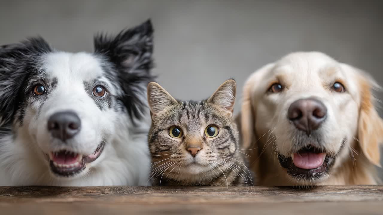 A Heartwarming Moment: A Playful Cat Positioned Between Two Happy Dogs, Showcasing the Love and Harmony Among Different Pets in a Charming Close-Up