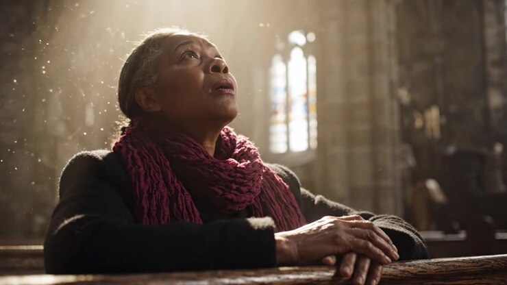 A Moment of Reflection: Capturing the Serenity of Spiritual Contemplation in a Church Setting with Gentle Light and Deep Emotion